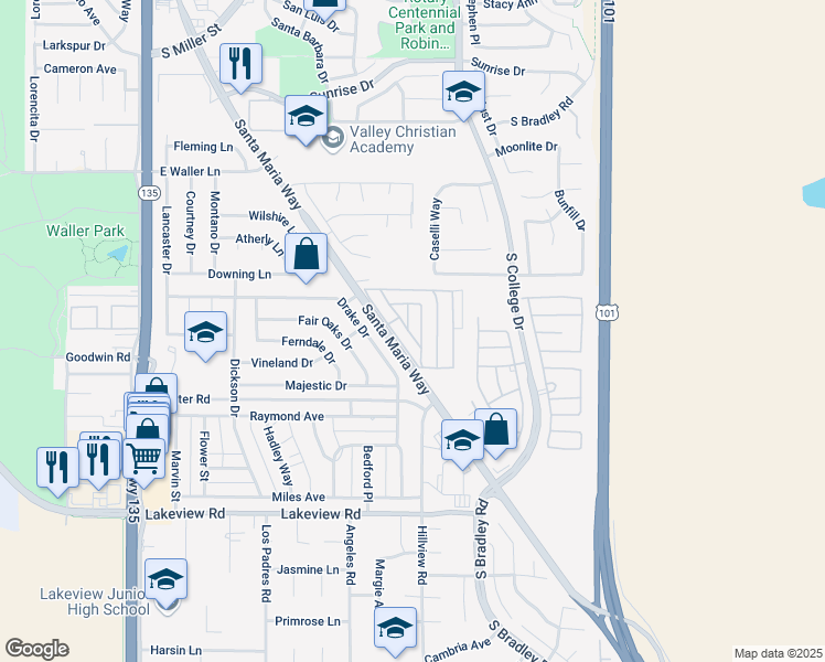 map of restaurants, bars, coffee shops, grocery stores, and more near 3210 Santa Maria Way in Santa Maria