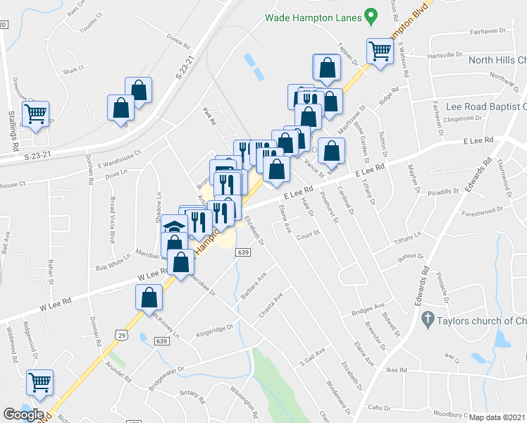 map of restaurants, bars, coffee shops, grocery stores, and more near 6 East Lee Road in Taylors