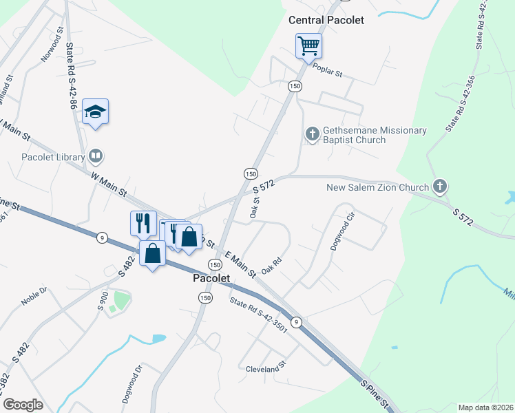 map of restaurants, bars, coffee shops, grocery stores, and more near 240 Oak Road in Pacolet