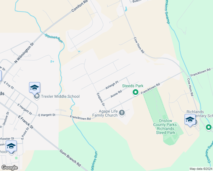 map of restaurants, bars, coffee shops, grocery stores, and more near 109 Airleigh Place in Richlands