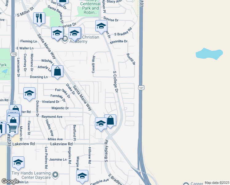 map of restaurants, bars, coffee shops, grocery stores, and more near 3236 Greenacre Drive in Santa Maria