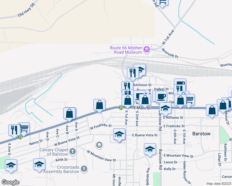 map of restaurants, bars, coffee shops, grocery stores, and more near 129 West White Street in Barstow