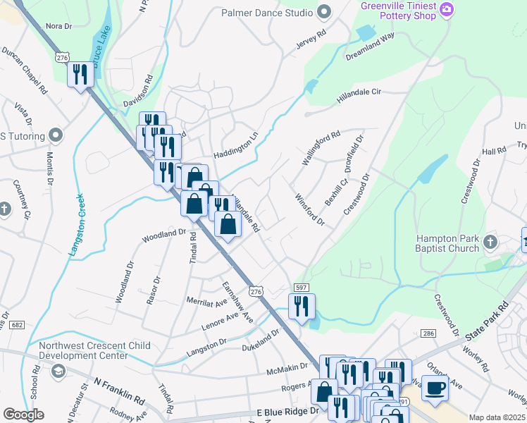 map of restaurants, bars, coffee shops, grocery stores, and more near 306 Hillandale Road in Greenville