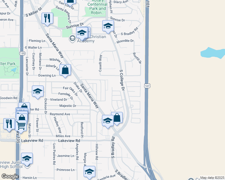 map of restaurants, bars, coffee shops, grocery stores, and more near 3311 Turtle Creek Drive in Santa Maria