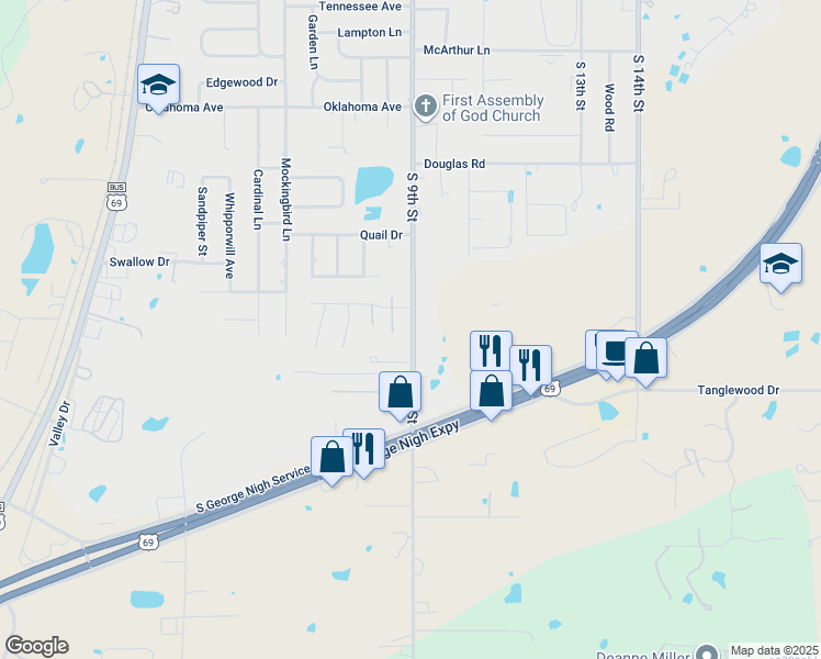 map of restaurants, bars, coffee shops, grocery stores, and more near 2623 Hardy Springs Road in McAlester