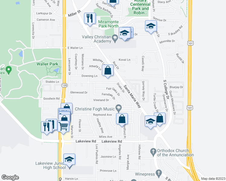 map of restaurants, bars, coffee shops, grocery stores, and more near 586 Fair Oaks Drive in Santa Maria