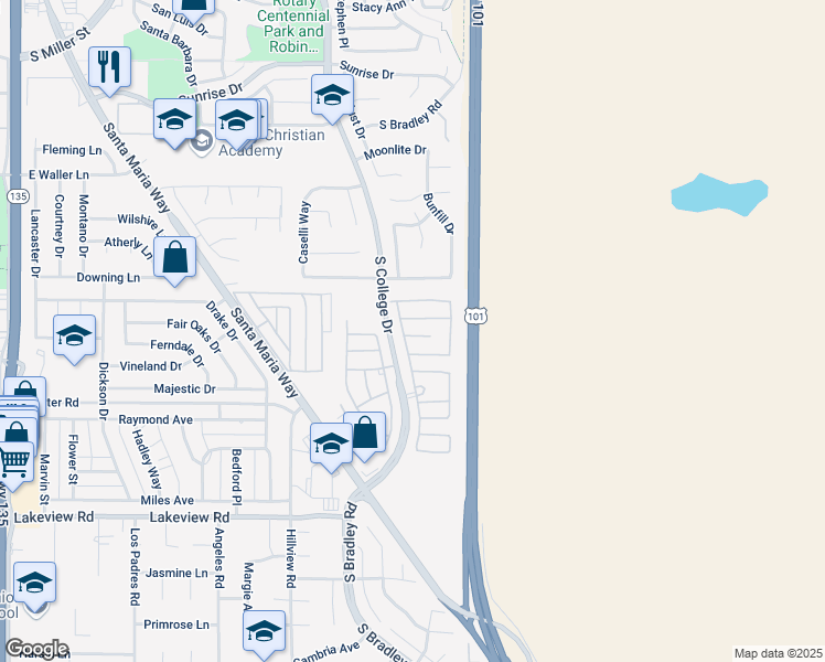 map of restaurants, bars, coffee shops, grocery stores, and more near 955 Quail Meadows Court in Santa Maria