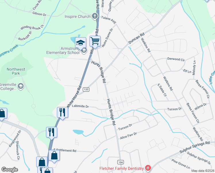 map of restaurants, bars, coffee shops, grocery stores, and more near 710 Hunts Bridge Road in Greenville