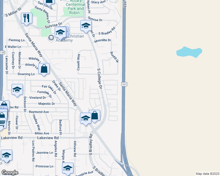 map of restaurants, bars, coffee shops, grocery stores, and more near 955 Quail Meadows Court in Santa Maria