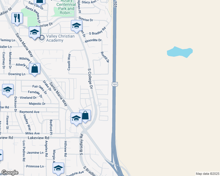map of restaurants, bars, coffee shops, grocery stores, and more near 3260 Meadow View Drive in Santa Maria