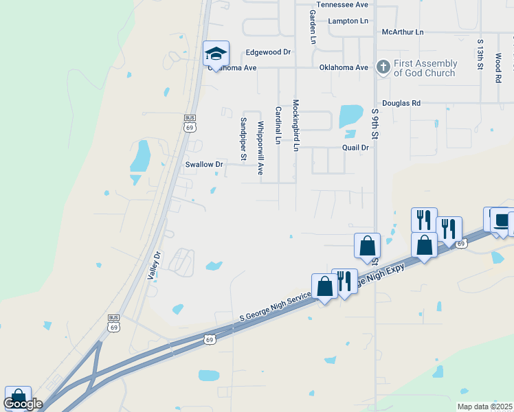 map of restaurants, bars, coffee shops, grocery stores, and more near 308 Bluebird Lane in McAlester
