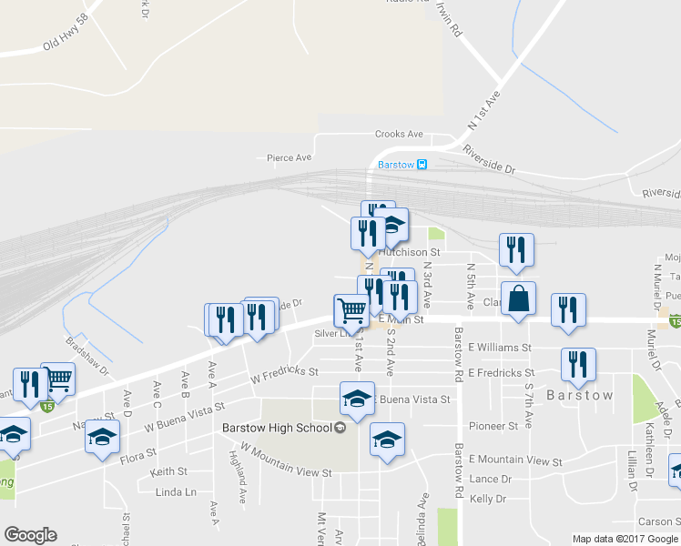 map of restaurants, bars, coffee shops, grocery stores, and more near 129 West White Street in Barstow