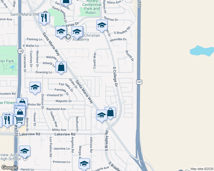 map of restaurants, bars, coffee shops, grocery stores, and more near 801 Greenacre Drive in Santa Maria