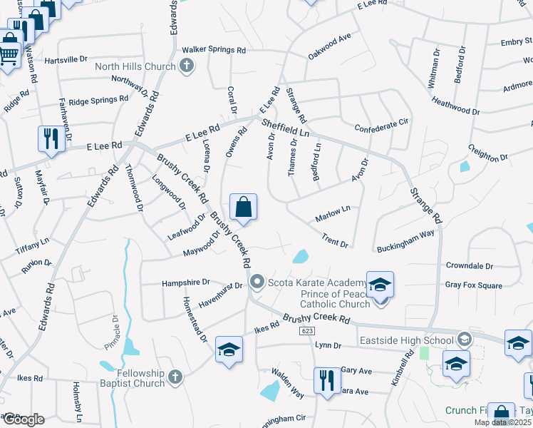 map of restaurants, bars, coffee shops, grocery stores, and more near 6756 Avon Drive in Taylors