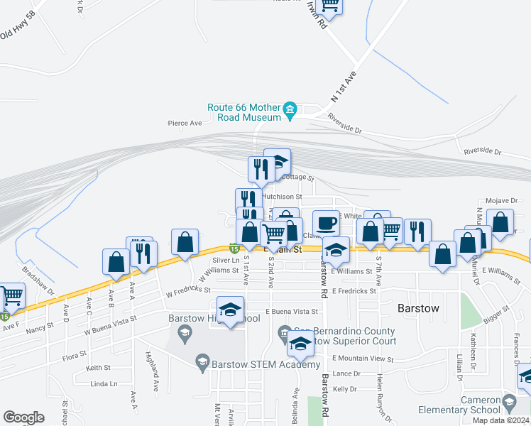 map of restaurants, bars, coffee shops, grocery stores, and more near 113 East White Street in Barstow