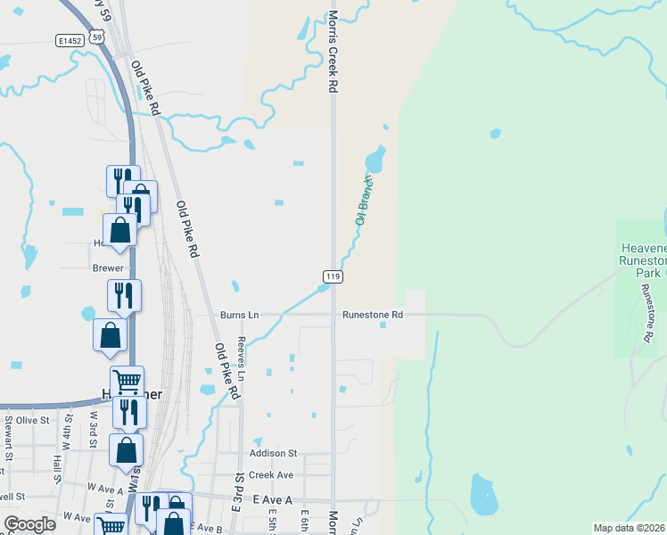 map of restaurants, bars, coffee shops, grocery stores, and more near Morris Creek Road in Heavener