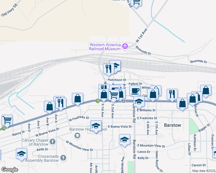 map of restaurants, bars, coffee shops, grocery stores, and more near 301 North 1st Avenue in Barstow