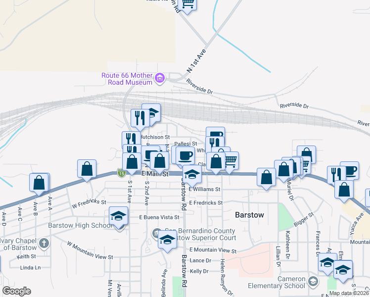 map of restaurants, bars, coffee shops, grocery stores, and more near 300 North 5th Avenue in Barstow