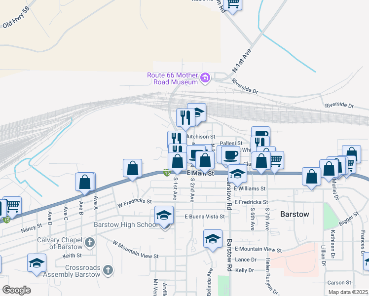 map of restaurants, bars, coffee shops, grocery stores, and more near 305 North 1st Avenue in Barstow