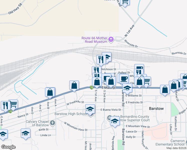 map of restaurants, bars, coffee shops, grocery stores, and more near 129 West White Street in Barstow