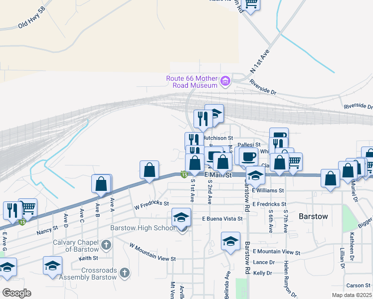 map of restaurants, bars, coffee shops, grocery stores, and more near 129 West White Street in Barstow