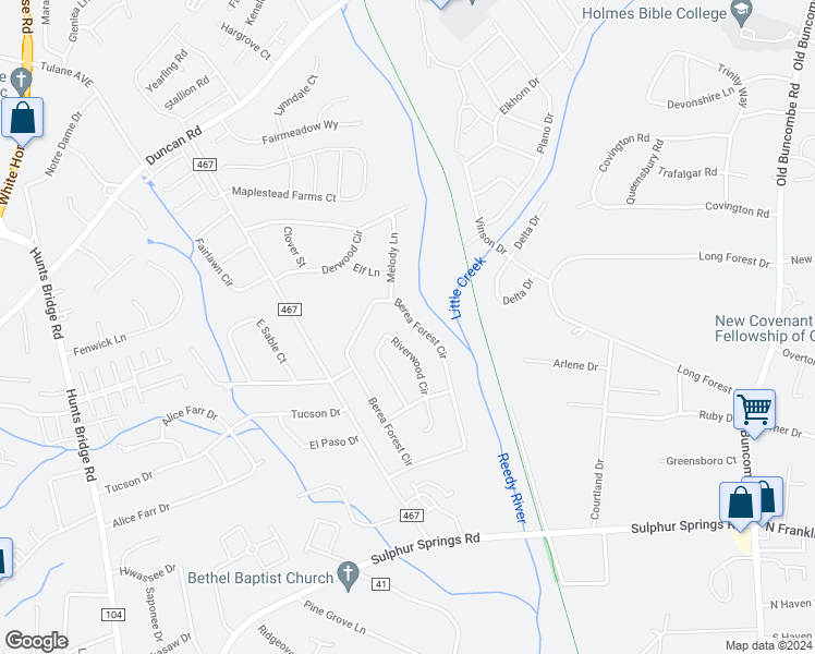 map of restaurants, bars, coffee shops, grocery stores, and more near 225 Berea Forest Circle in Greenville