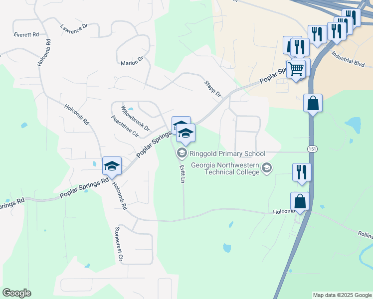 map of restaurants, bars, coffee shops, grocery stores, and more near 340 Evitt Lane in Ringgold