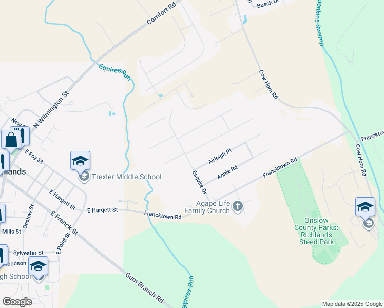 map of restaurants, bars, coffee shops, grocery stores, and more near 102 Groveshire Place in Richlands