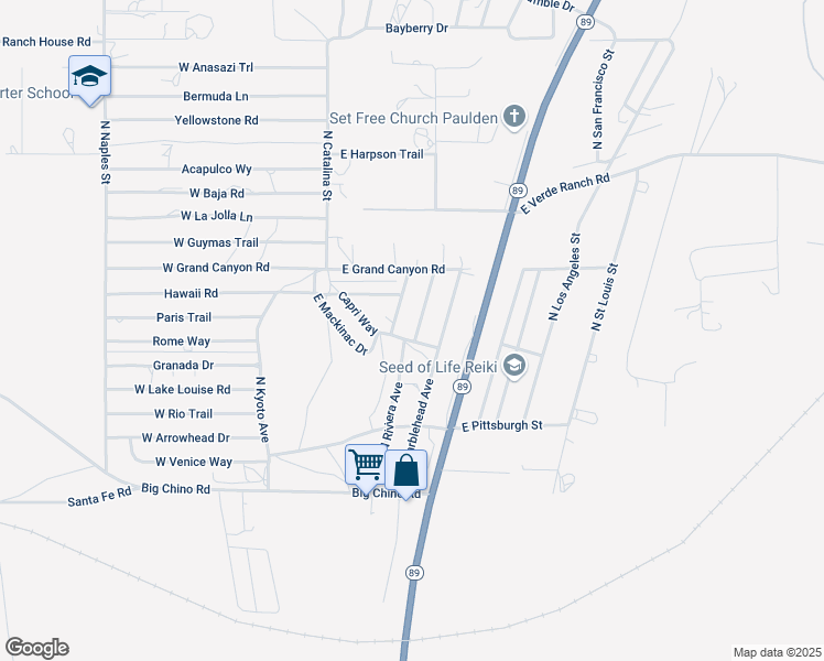 map of restaurants, bars, coffee shops, grocery stores, and more near 24378 North Yosemite Street in Paulden