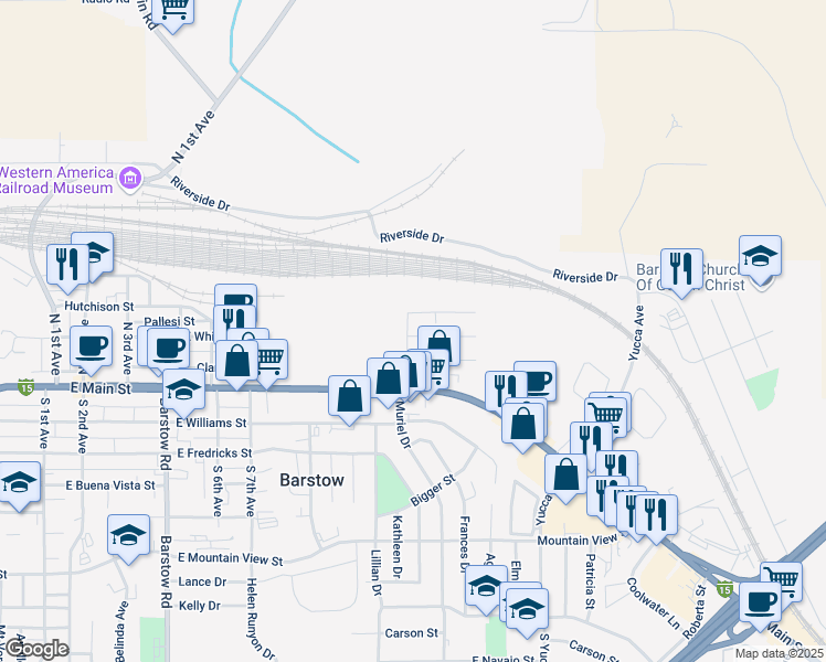 map of restaurants, bars, coffee shops, grocery stores, and more near 1001 Taos Drive in Barstow