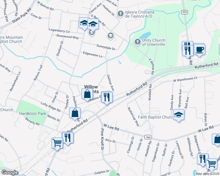 map of restaurants, bars, coffee shops, grocery stores, and more near 1 Delmar Avenue in Greenville