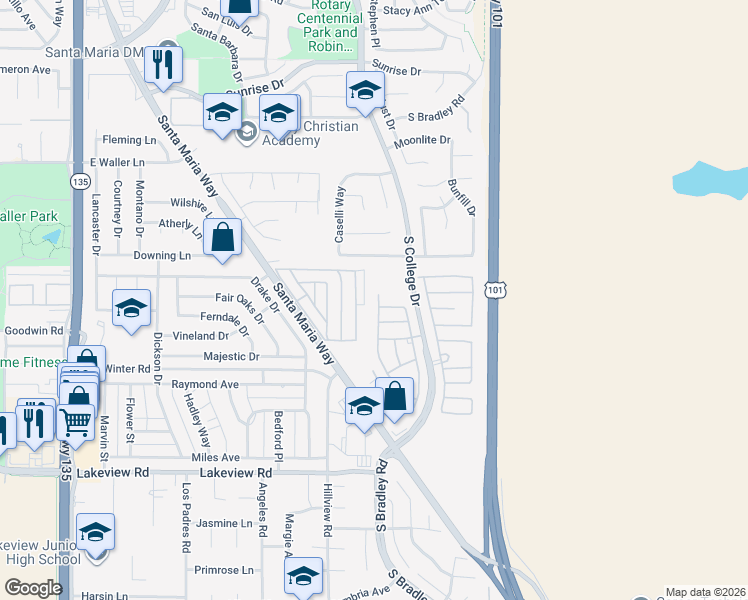 map of restaurants, bars, coffee shops, grocery stores, and more near 801 Greenacre Drive in Santa Maria