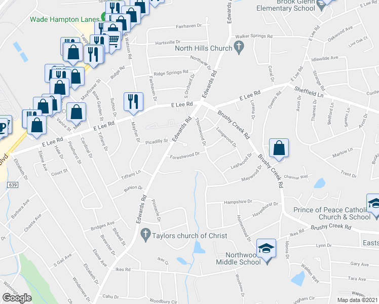 map of restaurants, bars, coffee shops, grocery stores, and more near 13 Forestwood Drive in Taylors