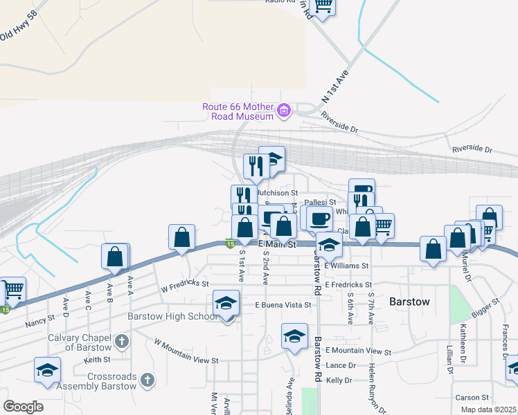 map of restaurants, bars, coffee shops, grocery stores, and more near 113 East White Street in Barstow