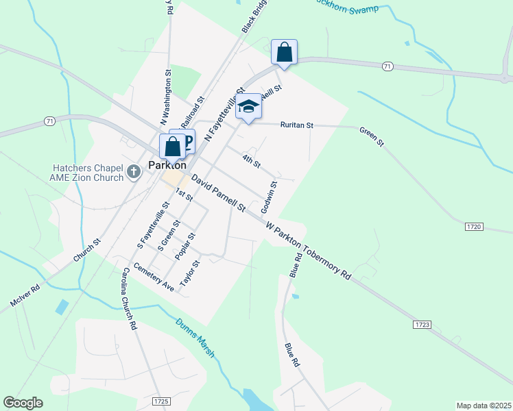 map of restaurants, bars, coffee shops, grocery stores, and more near 100 3rd Street in Parkton