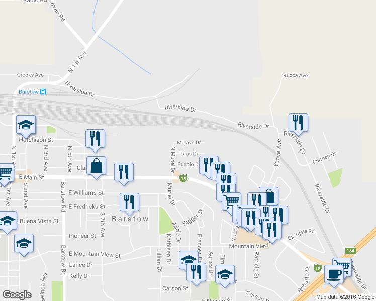 map of restaurants, bars, coffee shops, grocery stores, and more near 1101 Taos Drive in Barstow