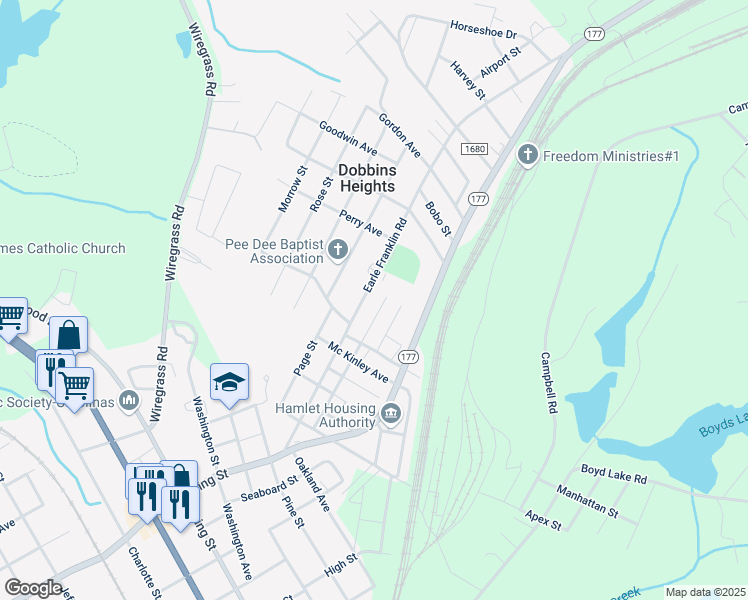 map of restaurants, bars, coffee shops, grocery stores, and more near 200 Earle Franklin Road in Hamlet