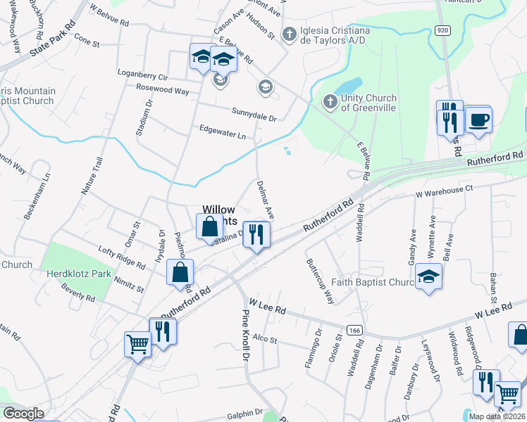 map of restaurants, bars, coffee shops, grocery stores, and more near 1 Delmar Avenue in Greenville