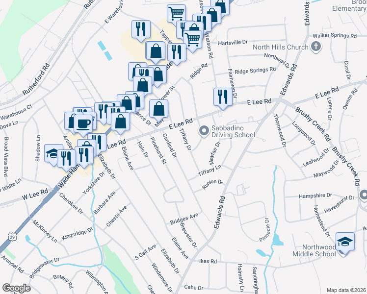 map of restaurants, bars, coffee shops, grocery stores, and more near 10 Tiffany Drive in Taylors