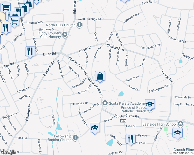 map of restaurants, bars, coffee shops, grocery stores, and more near 5 Harvest Bell Lane in Taylors