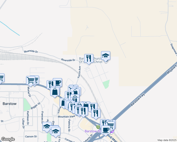 map of restaurants, bars, coffee shops, grocery stores, and more near 1360 Riverside Drive in Barstow