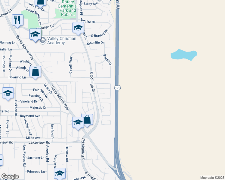 map of restaurants, bars, coffee shops, grocery stores, and more near 3260 Meadow View Drive in Santa Maria