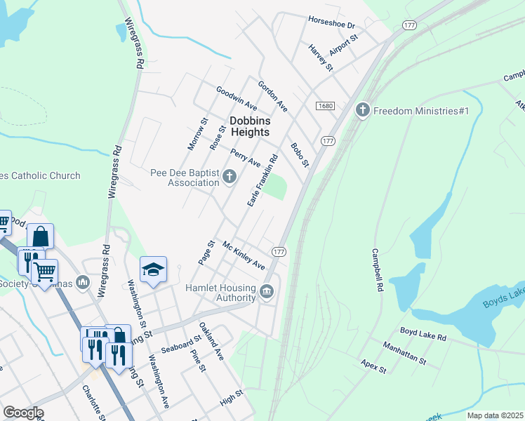 map of restaurants, bars, coffee shops, grocery stores, and more near 200 Earle Franklin Road in Hamlet