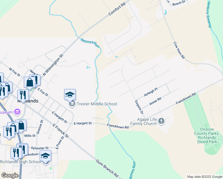 map of restaurants, bars, coffee shops, grocery stores, and more near 117 Dukes Lake Circle in Richlands