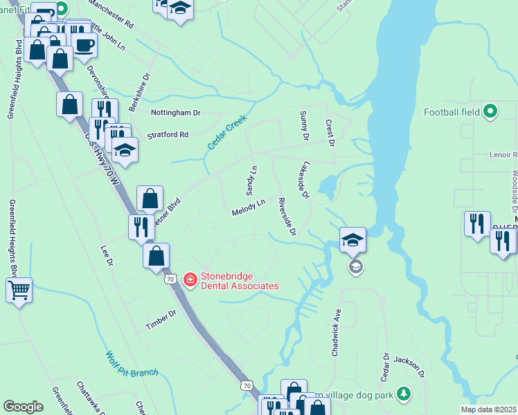 map of restaurants, bars, coffee shops, grocery stores, and more near 120 Melody Lane in Havelock