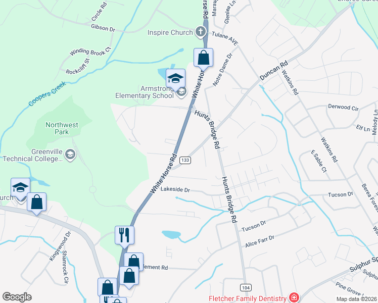 map of restaurants, bars, coffee shops, grocery stores, and more near 11 Duncan Road in Greenville