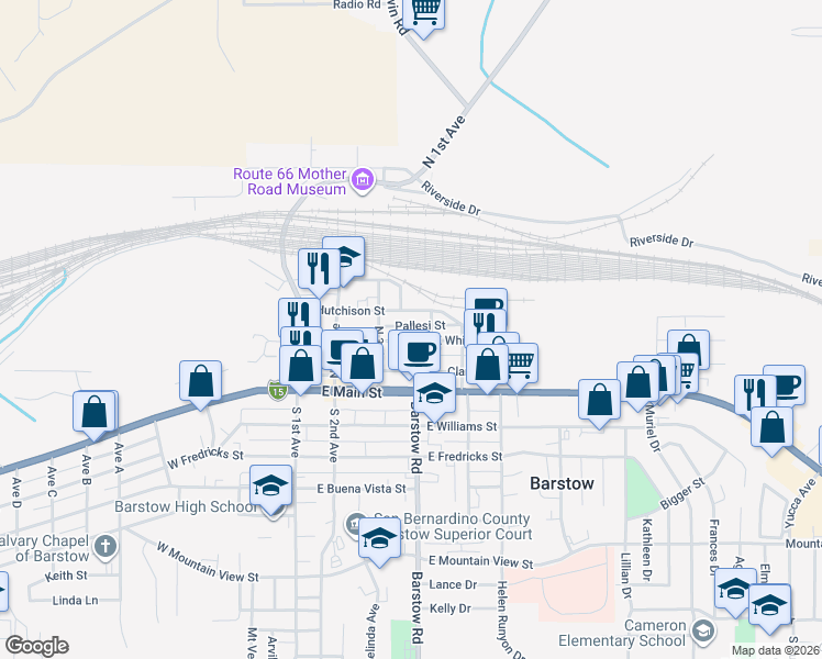 map of restaurants, bars, coffee shops, grocery stores, and more near 336 Pallesi Street in Barstow