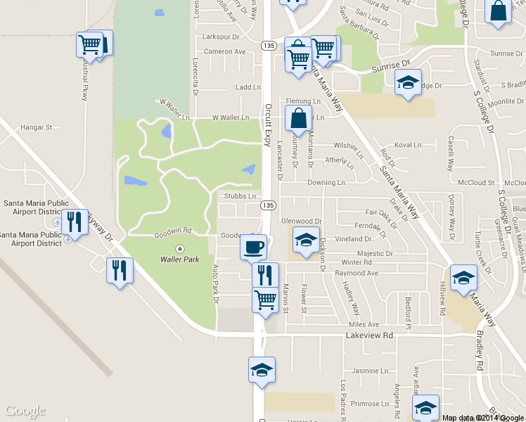map of restaurants, bars, coffee shops, grocery stores, and more near 3237 Orcutt Road in Orcutt