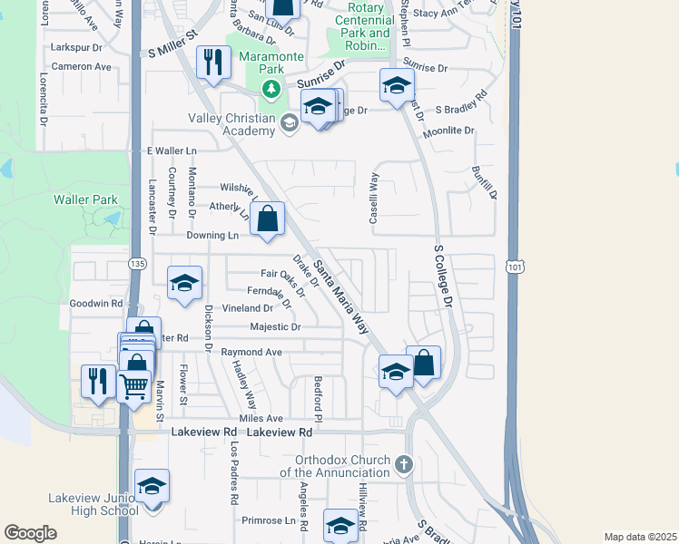 map of restaurants, bars, coffee shops, grocery stores, and more near 3210 Santa Maria Way in Santa Maria