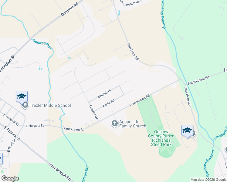 map of restaurants, bars, coffee shops, grocery stores, and more near 120 Airleigh Place in Richlands